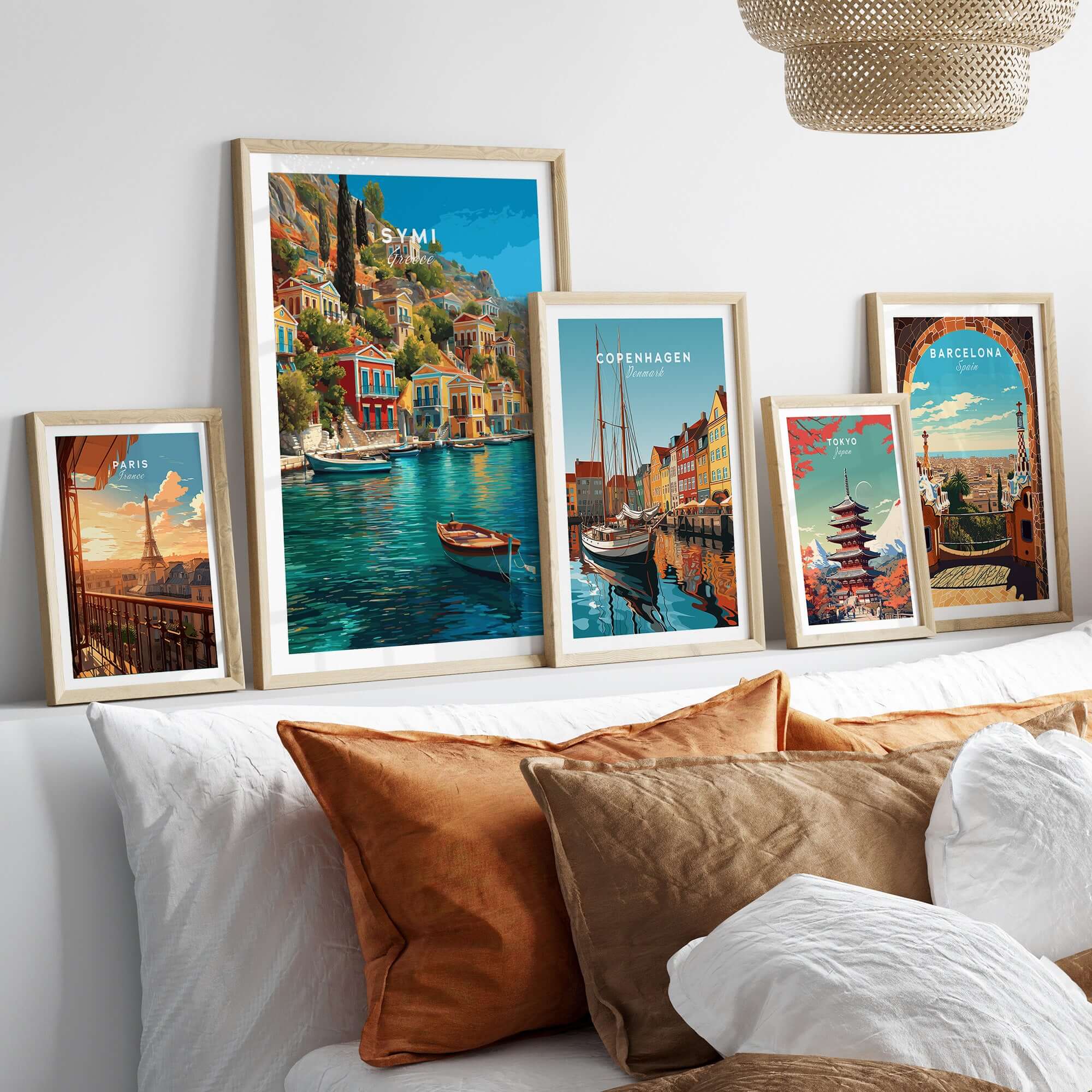 Symi Poster - Aegean Island Print | Greek Travel Wall Art displayed among other travel art on a stylish wall.