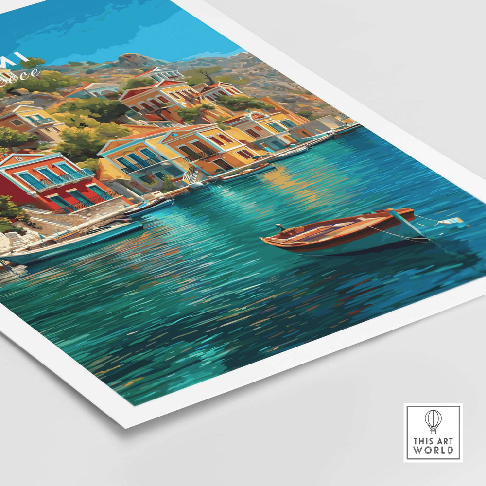 Symi Poster  - Aegean Island Print | Greek Travel Wall Art featuring colorful houses and a boat on serene water.