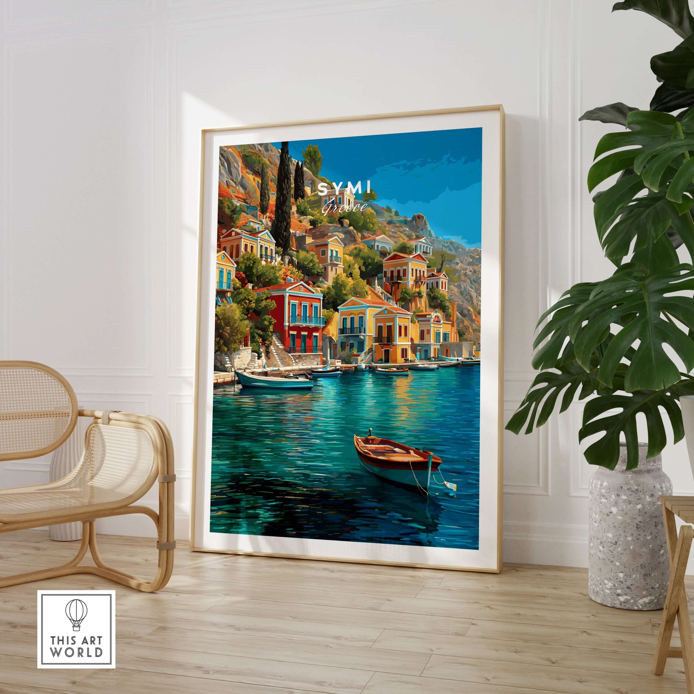 Symi Poster - Aegean Island Print | Greek Travel Wall Art featuring colorful architecture and serene coastal views.