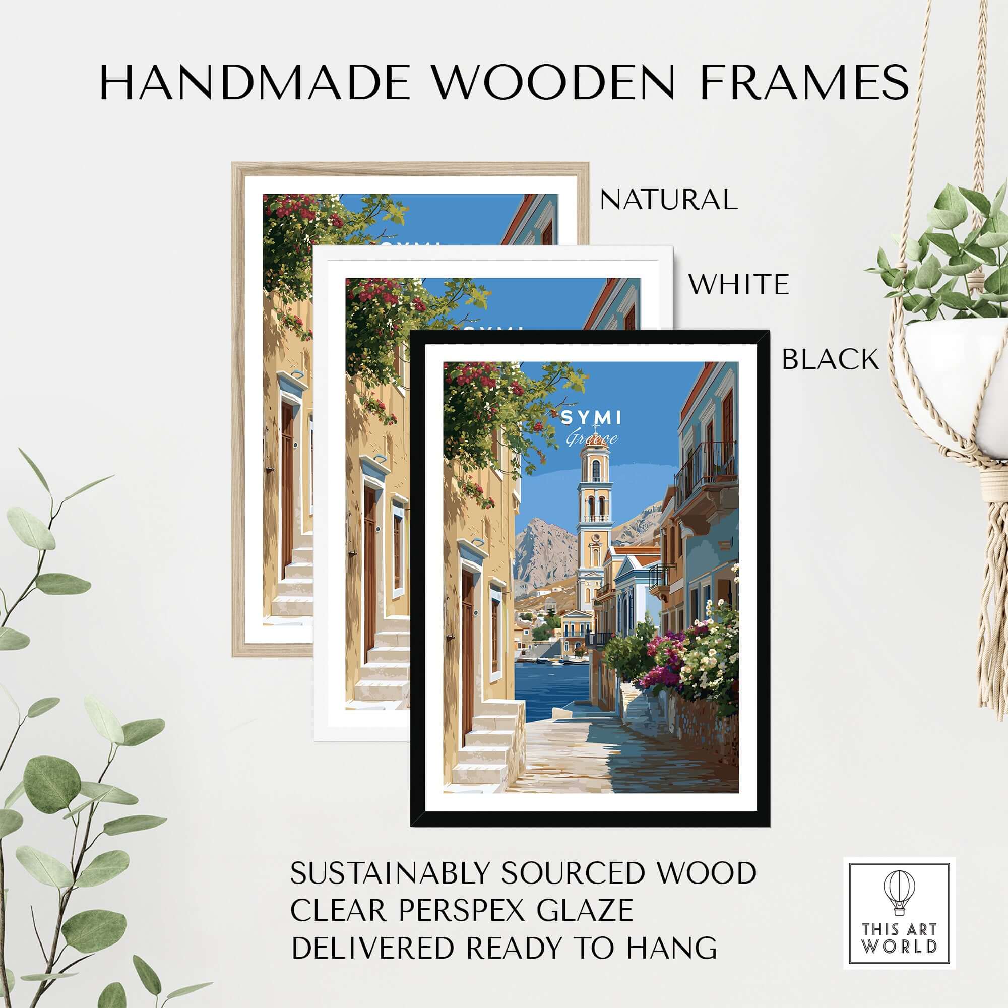 Symi Poster - Dodecanese Island Bell Tower Print | Greek Home Decor shown in handmade wooden frames