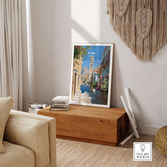 Symi Poster - Dodecanese Island Bell Tower Print | Greek Home Decor displayed in a cozy living room setting.