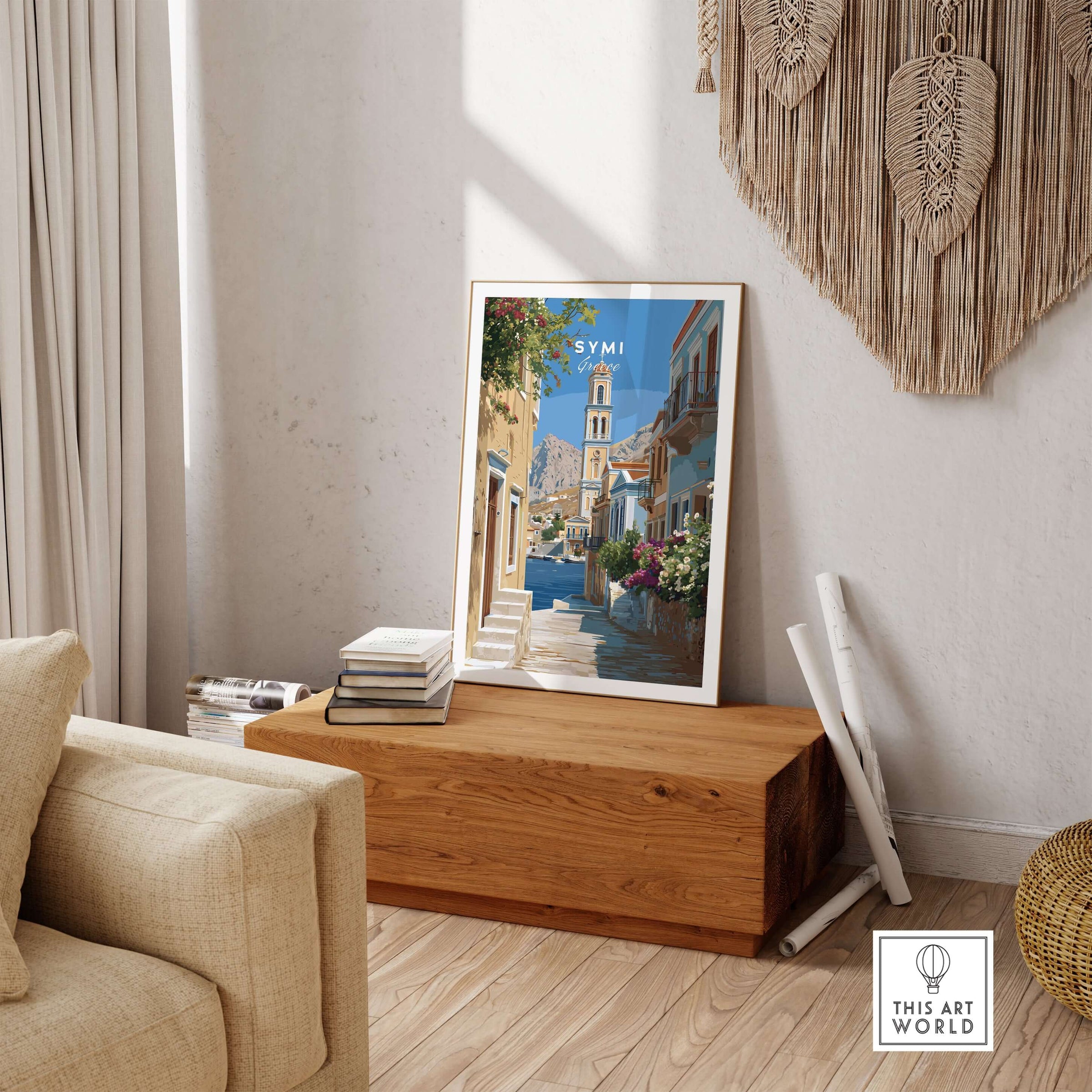 Symi Poster - Dodecanese Island Bell Tower Print | Greek Home Decor displayed in a cozy living room setting.