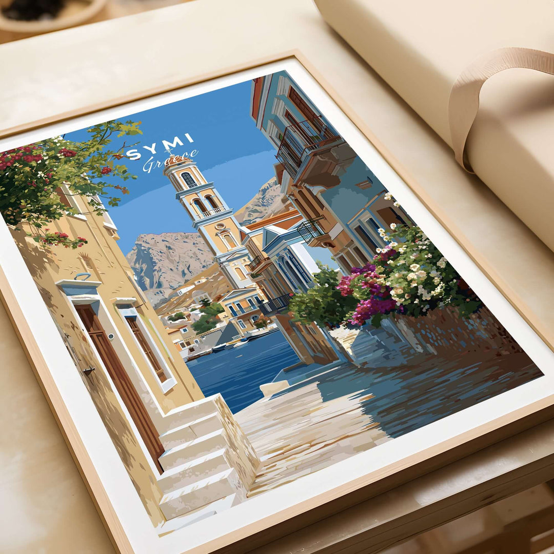 Symi Poster - Dodecanese Island Bell Tower Print | Greek Home Decor featured in a framed print with vibrant colors and architecture.