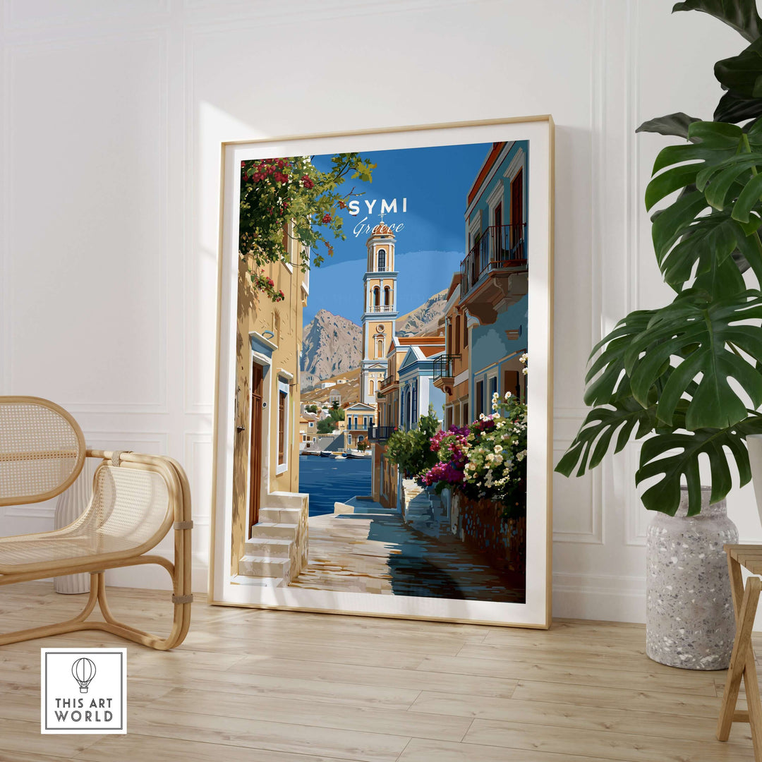 Symi Poster - Dodecanese Island Bell Tower Print | Greek Home Decor in a stylish living room setting.