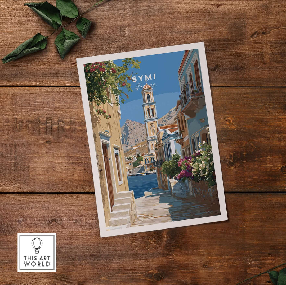 Symi Poster - Dodecanese Island Bell Tower Print | Greek Home Decor showcasing the iconic bell tower with coastal architecture.