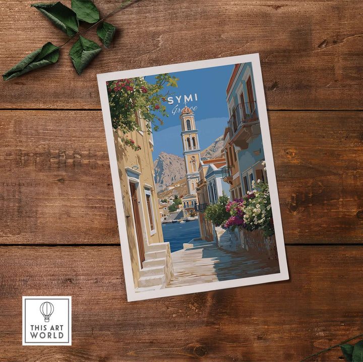 Symi Poster - Dodecanese Island Bell Tower Print | Greek Home Decor showcasing the iconic bell tower with coastal architecture.