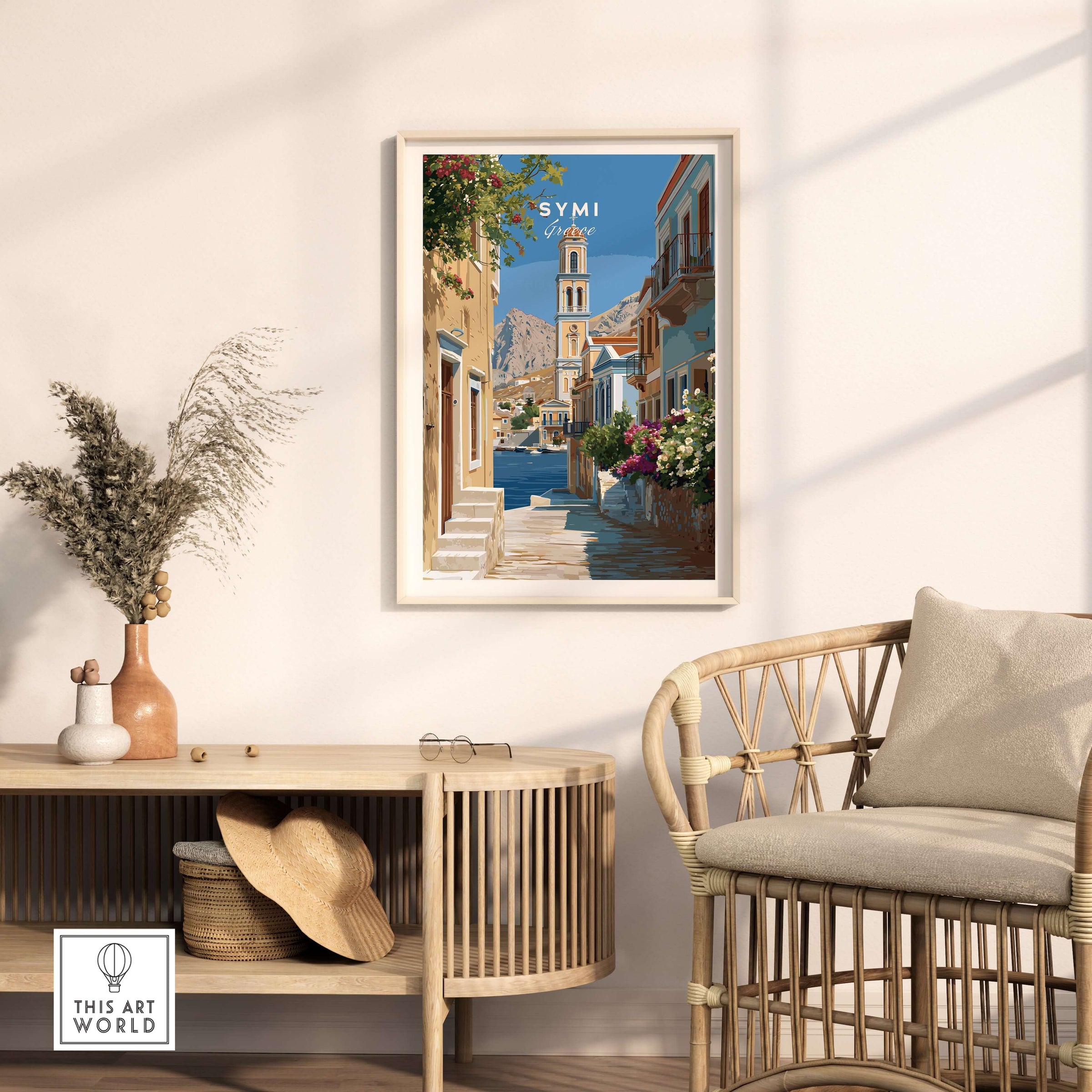Symi Poster - Dodecanese Island Bell Tower Print | Greek Home Decor framed in a stylish interior with a cozy chair.