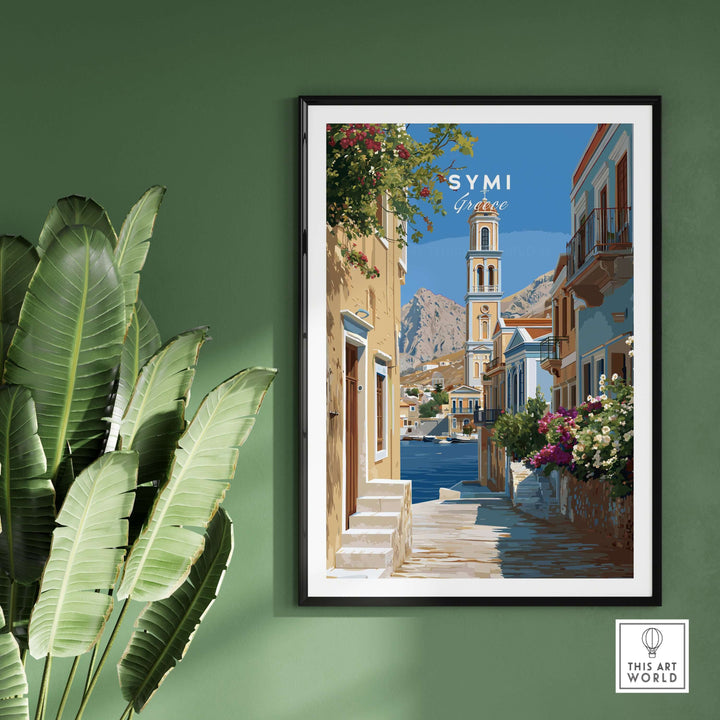 Symi Poster - Dodecanese Island Bell Tower Print | Greek Home Decor showcased in a stylish frame with tropical leaves.