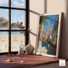 Symi Poster - Dodecanese Island Bell Tower Print | Greek Home Decor displayed in a cozy interior by the window.