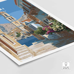 Symi Poster - Dodecanese Island Bell Tower Print | Greek Home Decor showcasing coastal architecture and vibrant flowers.