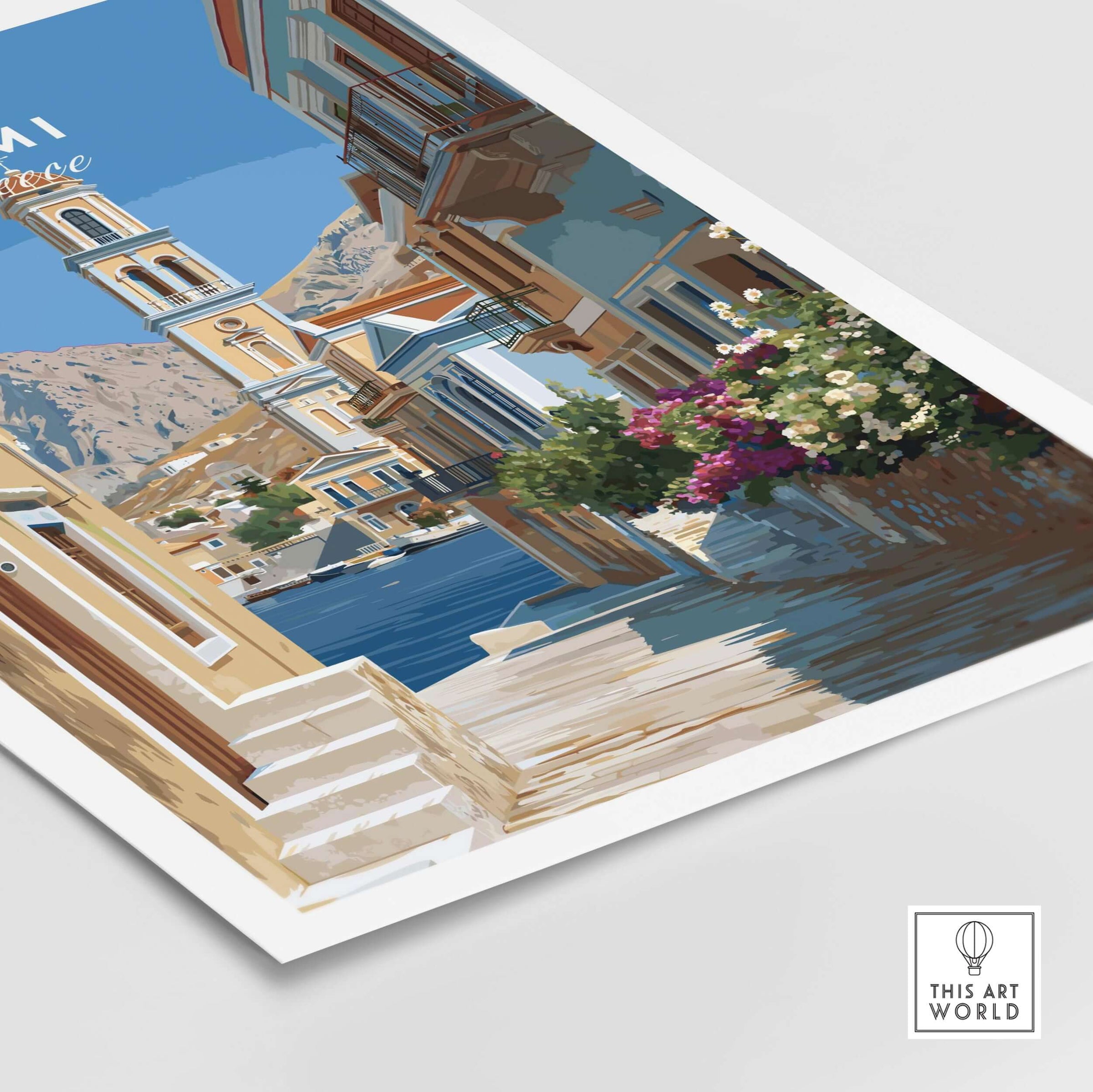 Symi Poster - Dodecanese Island Bell Tower Print | Greek Home Decor showcasing coastal architecture and vibrant flowers.