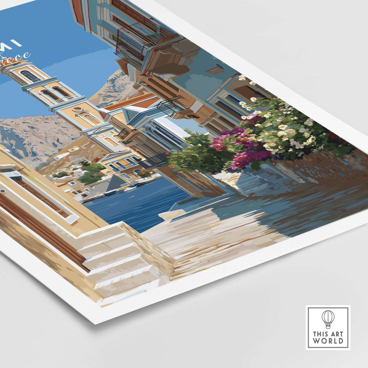 Symi Poster - Dodecanese Island Bell Tower Print | Greek Home Decor featuring coastal architecture and vibrant flowers