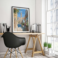 Symi Poster - Dodecanese Island Bell Tower Print | Greek Home Decor in modern workspace with coastal decor.