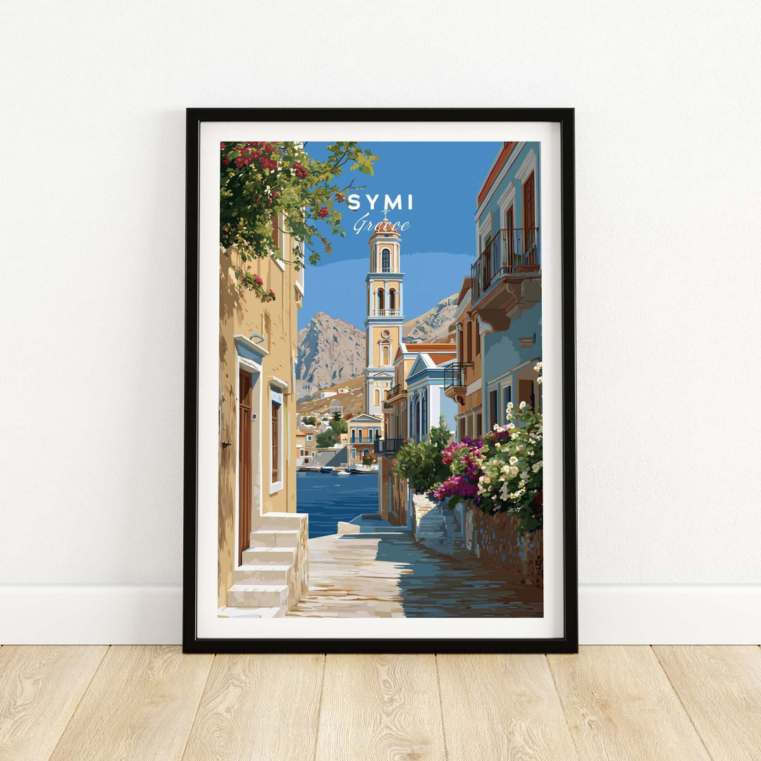 Symi Poster - Dodecanese Island Bell Tower Print | Greek Home Decor featuring the iconic bell tower and coastal architecture.