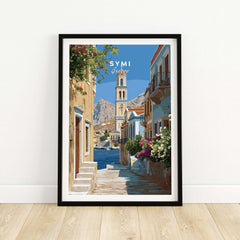 Symi Poster - Dodecanese Island Bell Tower Print | Greek Home Decor framed art displaying a picturesque street and bell tower.