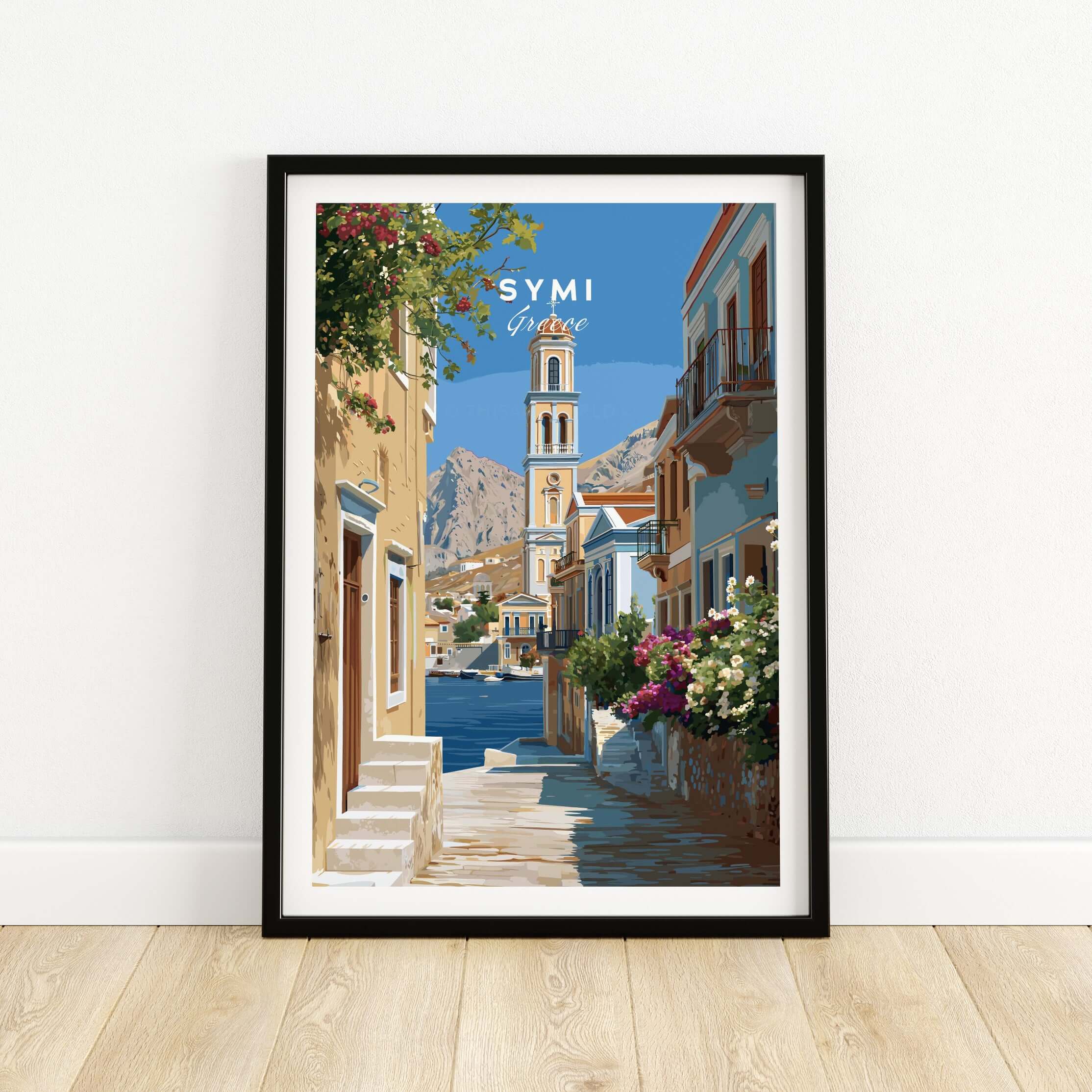 Symi Poster - Dodecanese Island Bell Tower Print | Greek Home Decor framed art displaying a picturesque street and bell tower.