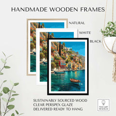 Symi Poster - Aegean Island Print | Greek Travel Wall Art framed in handmade wooden frames of natural, white, and black options.