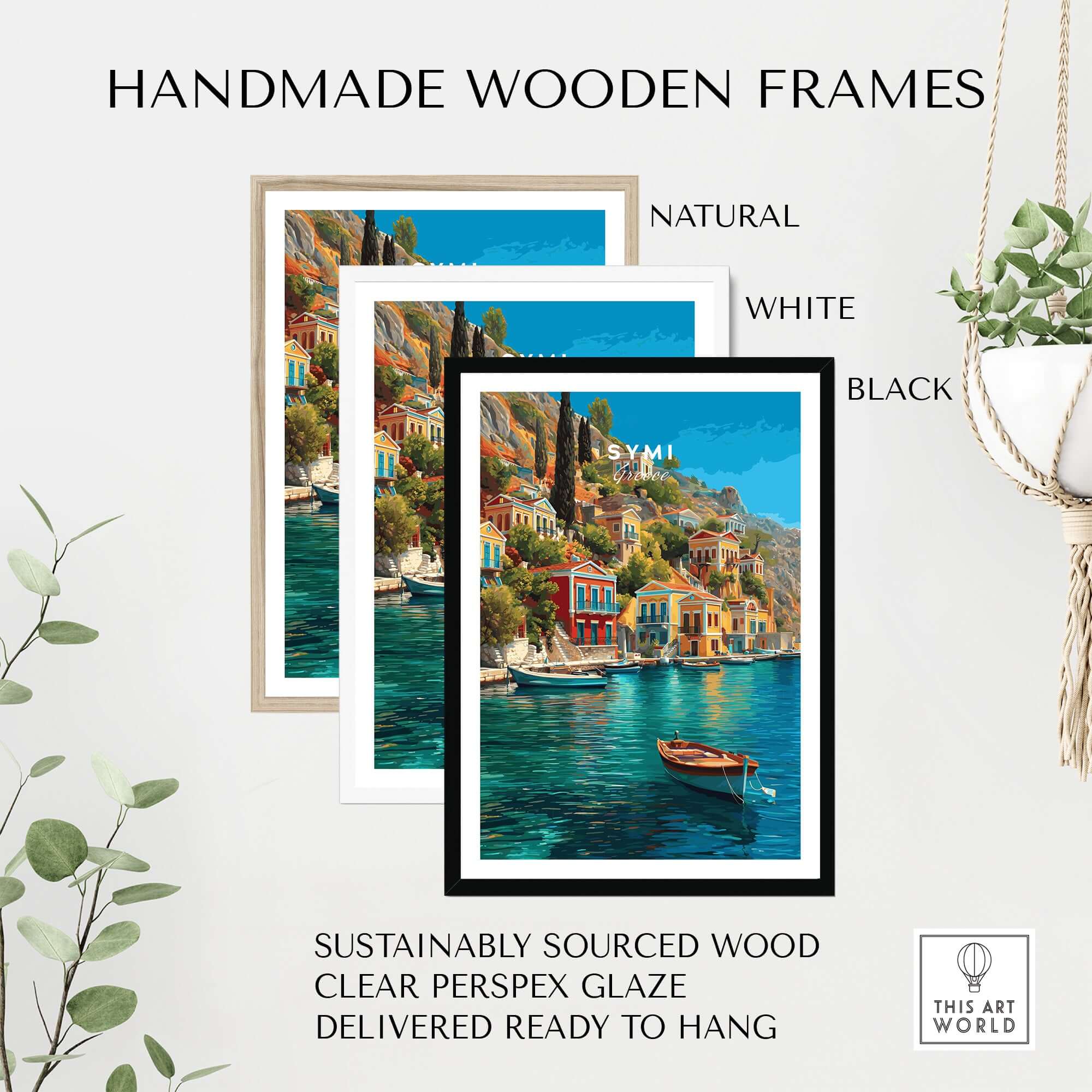 Symi Poster - Aegean Island Print | Greek Travel Wall Art framed in handmade wooden frames of natural, white, and black options.