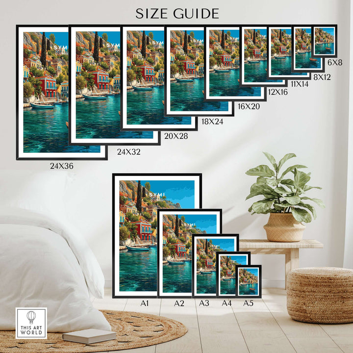 Symi Poster - Aegean Island Print | Greek Travel Wall Art size guide displayed in various frame dimensions.