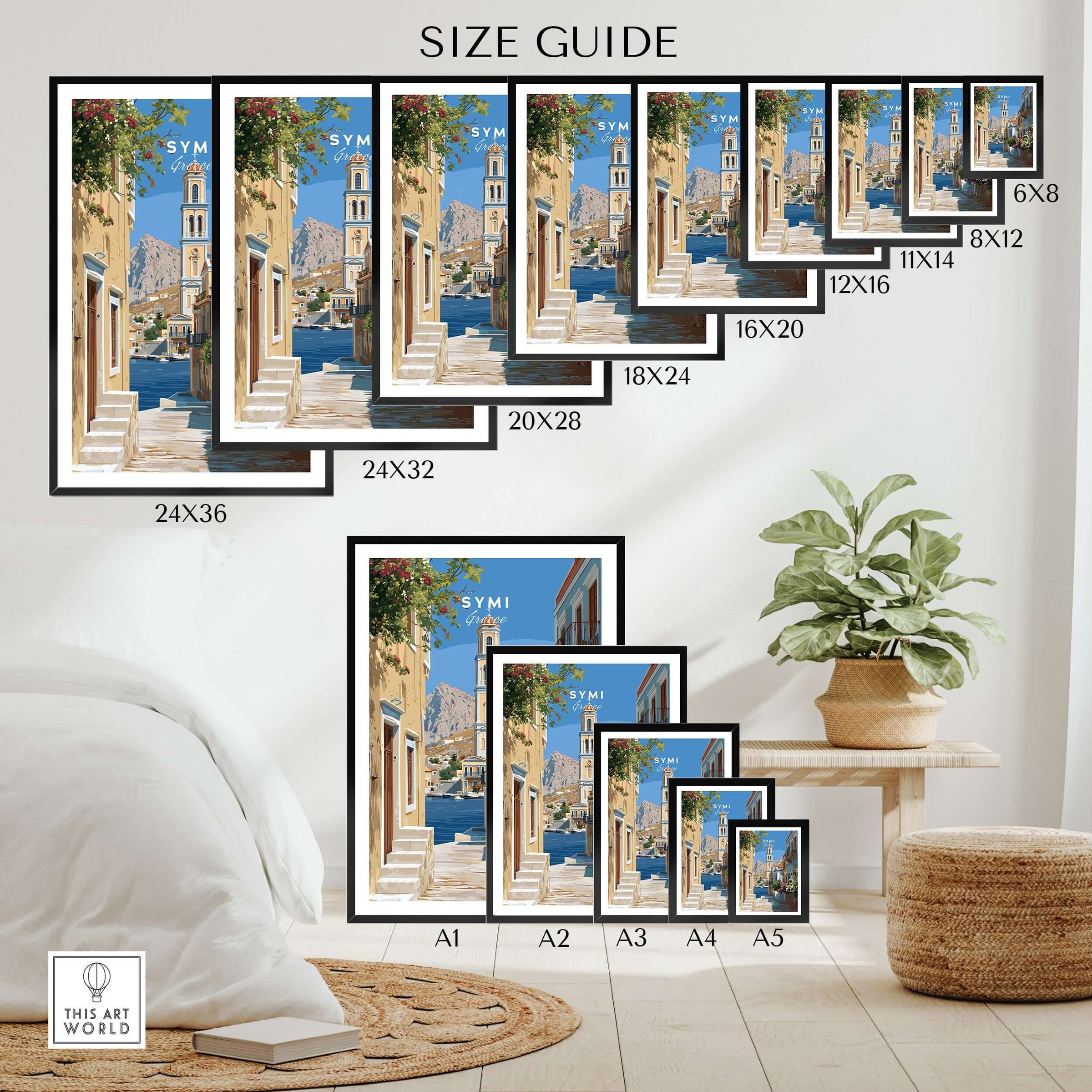 Symi Poster - Dodecanese Island Bell Tower Print | Greek Home Decor size guide showcasing various frame sizes.