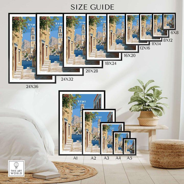 Symi Poster - Dodecanese Island Bell Tower Print | Greek Home Decor size guide with various frame dimensions.