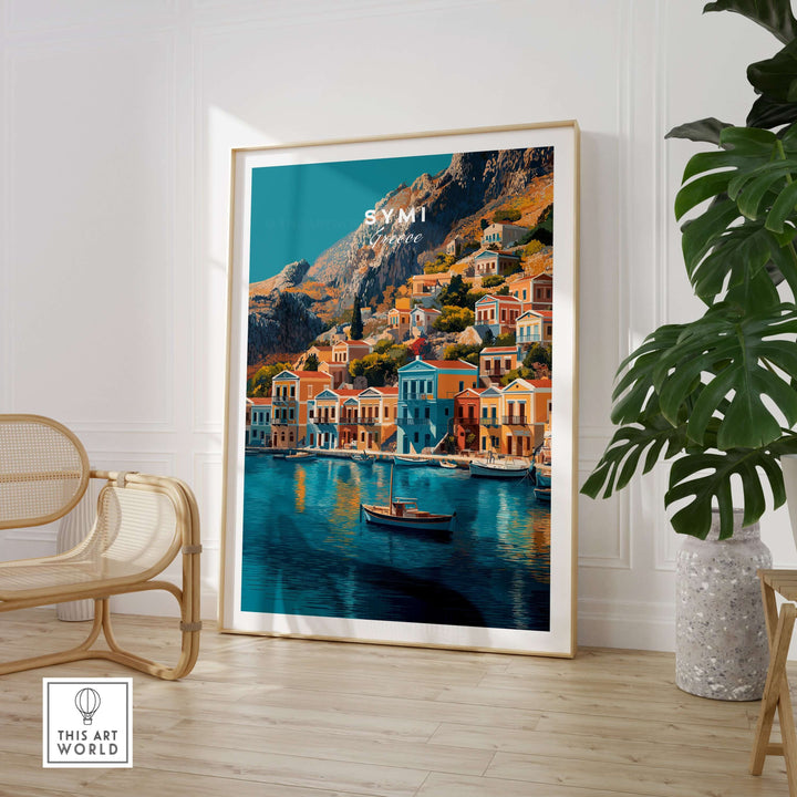 Symi Print Greece artwork featuring colorful houses reflecting in water, representing Greece's coastal beauty.