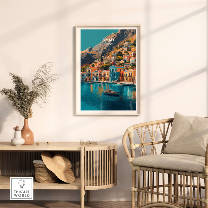 Symi Print Greece artwork displayed in a stylish living room setting, showcasing vibrant coastal colors and charming architecture.