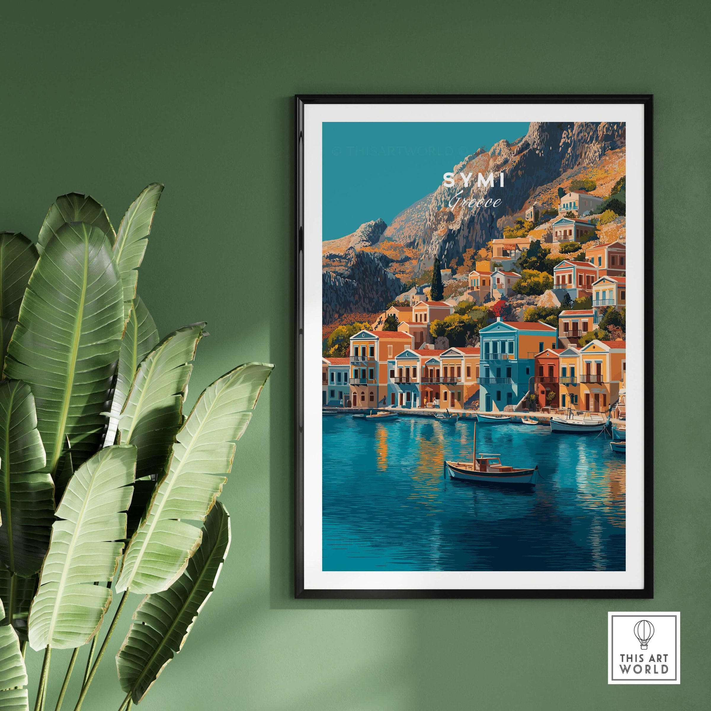 Symi Print Greece artwork showcasing vibrant architecture and coastal views of Symi island in a framed display.