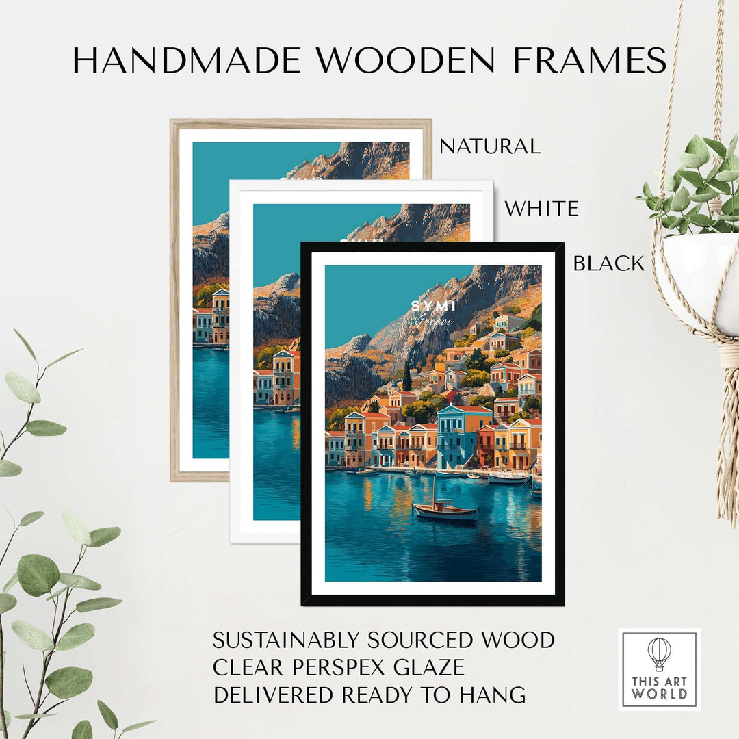 Symi Print Greece in handmade wooden frames available in natural, white, and black finishes, with a Mediterranean coastal theme.