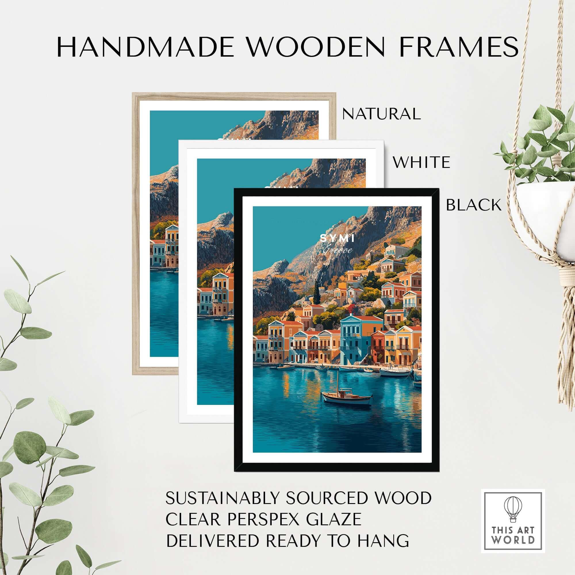 Symi Print Greece displayed in handmade wooden frames in natural, white, and black finishes.