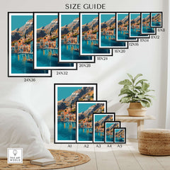 Size guide for Symi Print Greece showcasing various frame sizes for home décor.