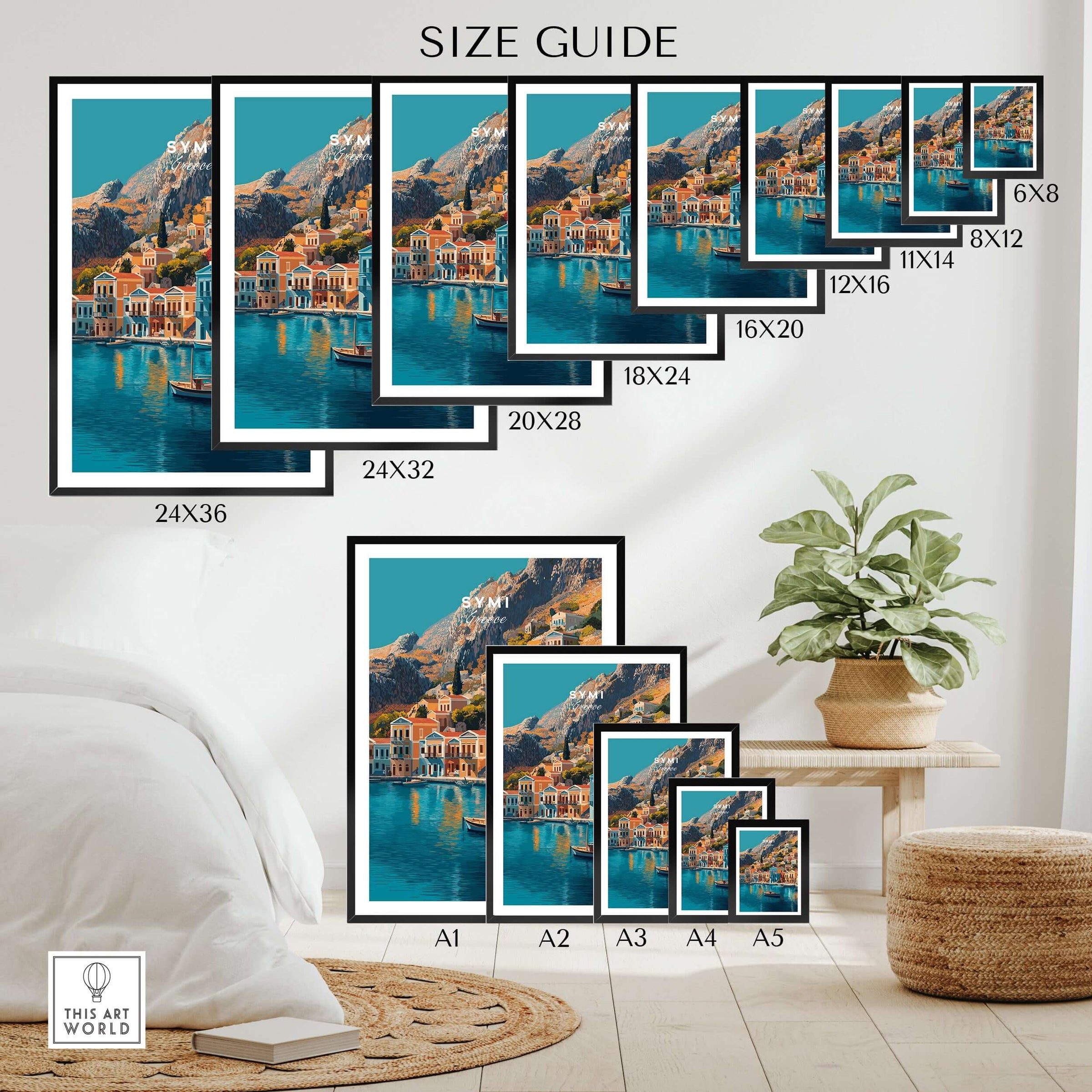 Size guide for Symi Print Greece showcasing various frame sizes for home décor.