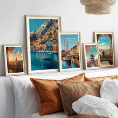 Symi Print Greece artwork displayed among vibrant travel prints, enhancing coastal décor with Mediterranean charm.