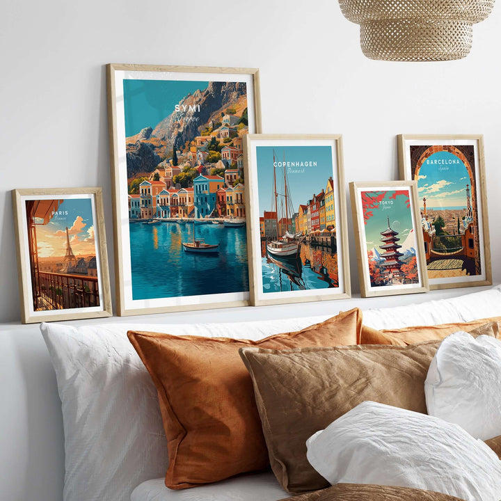 Symi Print Greece artwork displayed in a stylish setting, showcasing coastal landscapes and vibrant colors.