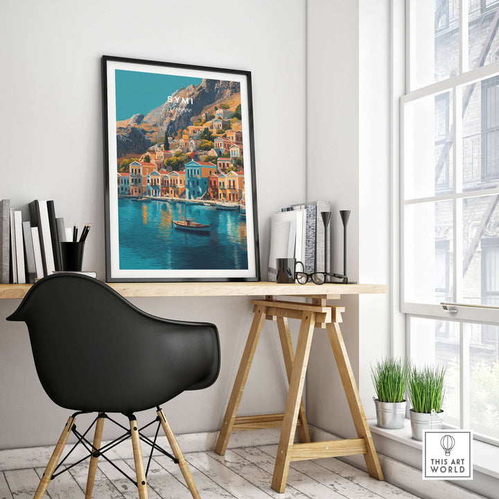 Symi Print Greece displayed in a stylish home office setting, showcasing vibrant coastal architecture and serene waters.