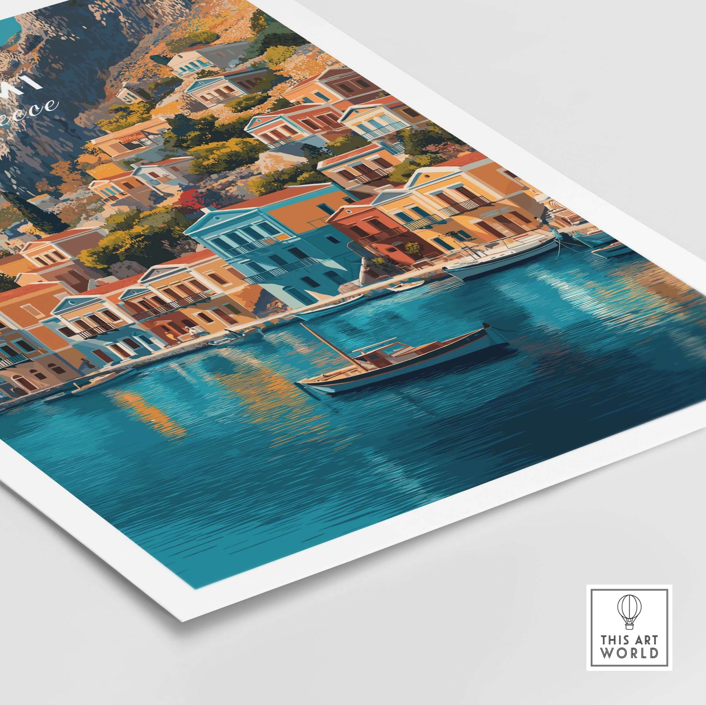 Symi Print Greece artwork featuring colorful buildings and tranquil waters, capturing the essence of Greece's beauty.