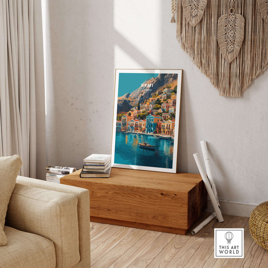 Symi Print Greece showcasing colorful buildings and serene waters in a cozy living room setting.