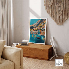 Symi Print Greece artwork displayed in a stylish living room, showcasing Greece's vibrant coastal architecture.