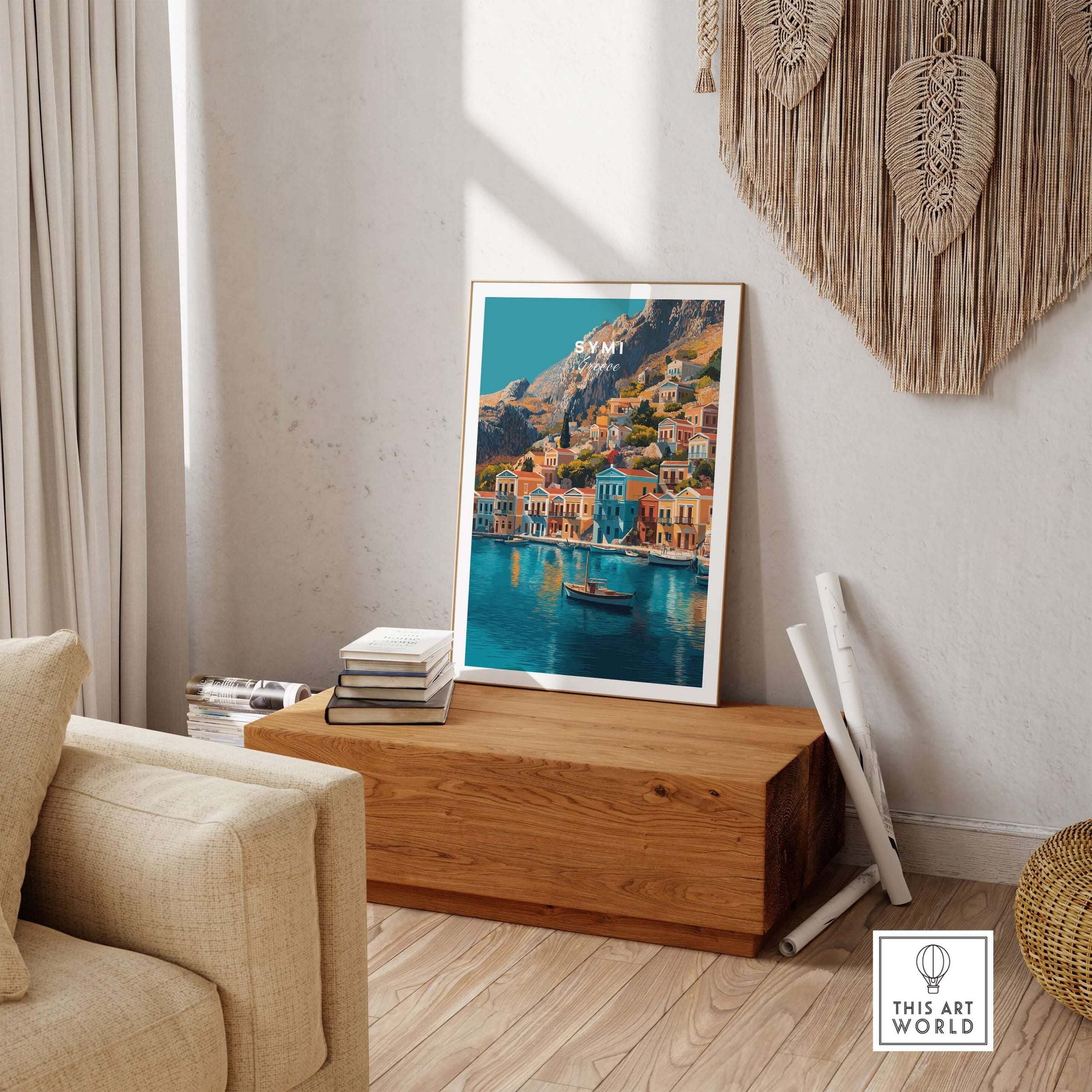 Symi Print Greece artwork displayed in a stylish living room, showcasing Greece's vibrant coastal architecture.