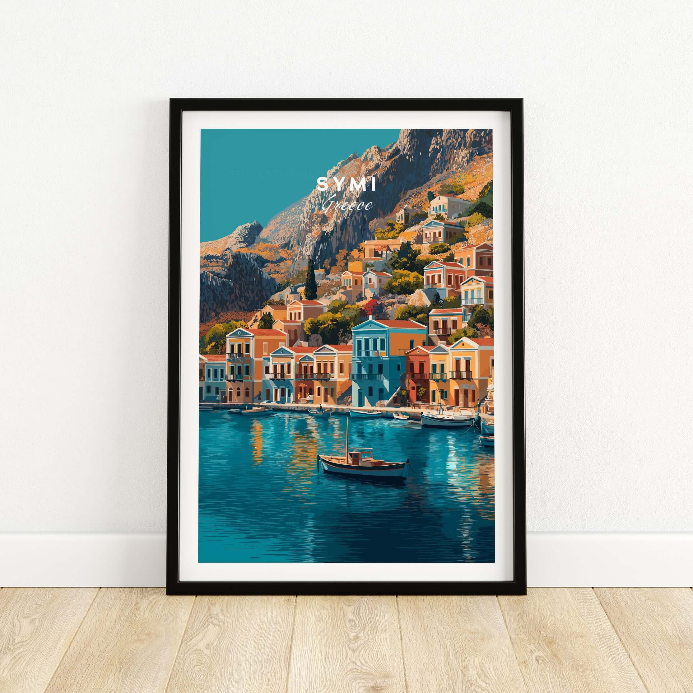 Symi Print Greece artwork showcasing vibrant colors and charming architecture of Symi, Greece, with serene coastal view.