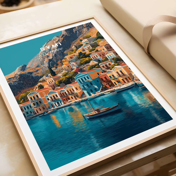 Symi Print Greece artwork featuring vibrant island architecture and serene coastal landscape reflections.