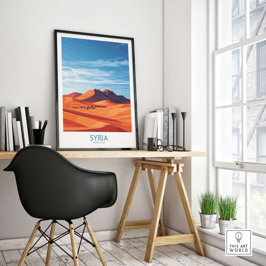 Syria desert landscape poster displayed in a stylish home office setting, featuring abstract sand dunes and vibrant colors.