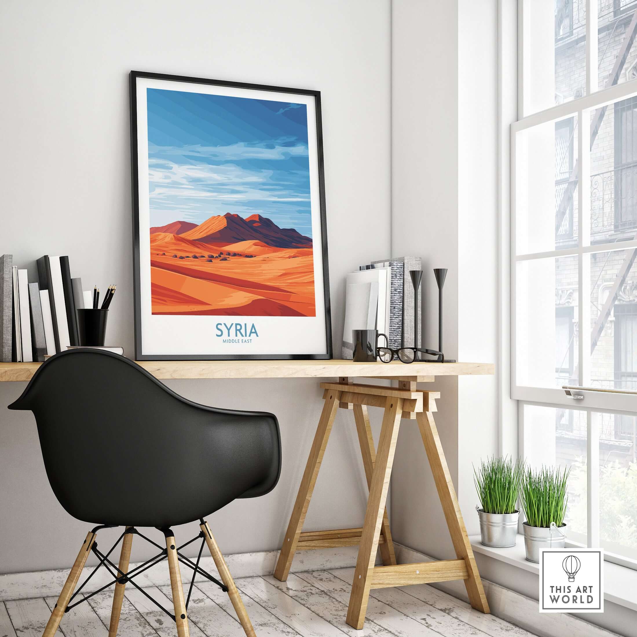 Syria Desert Landscape Poster - Middle East Travel Print - Abstract Sand Dune Wall Art displayed in a modern workspace.