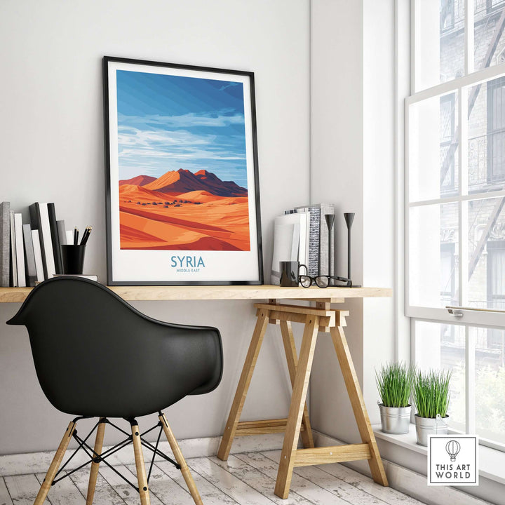 Syria desert landscape poster displayed in a stylish home office setting, featuring abstract sand dunes and vibrant colors.