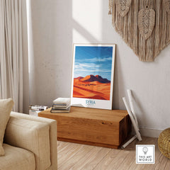 Syria Desert Landscape Poster - Middle East Travel Print - Abstract Sand Dune Wall Art displayed in a modern living room.