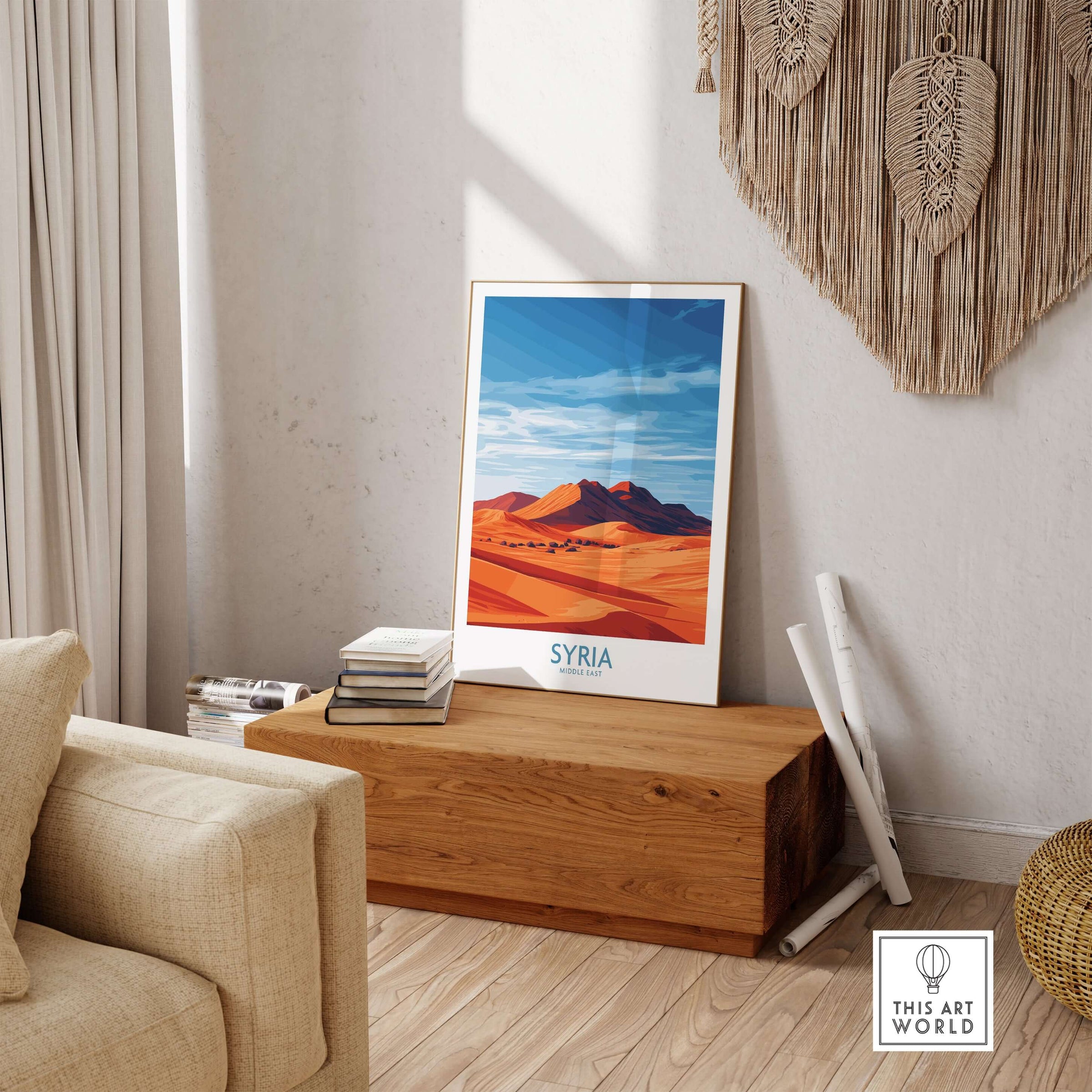 Syria Desert Landscape Poster - Middle East Travel Print - Abstract Sand Dune Wall Art displayed in a modern living room.