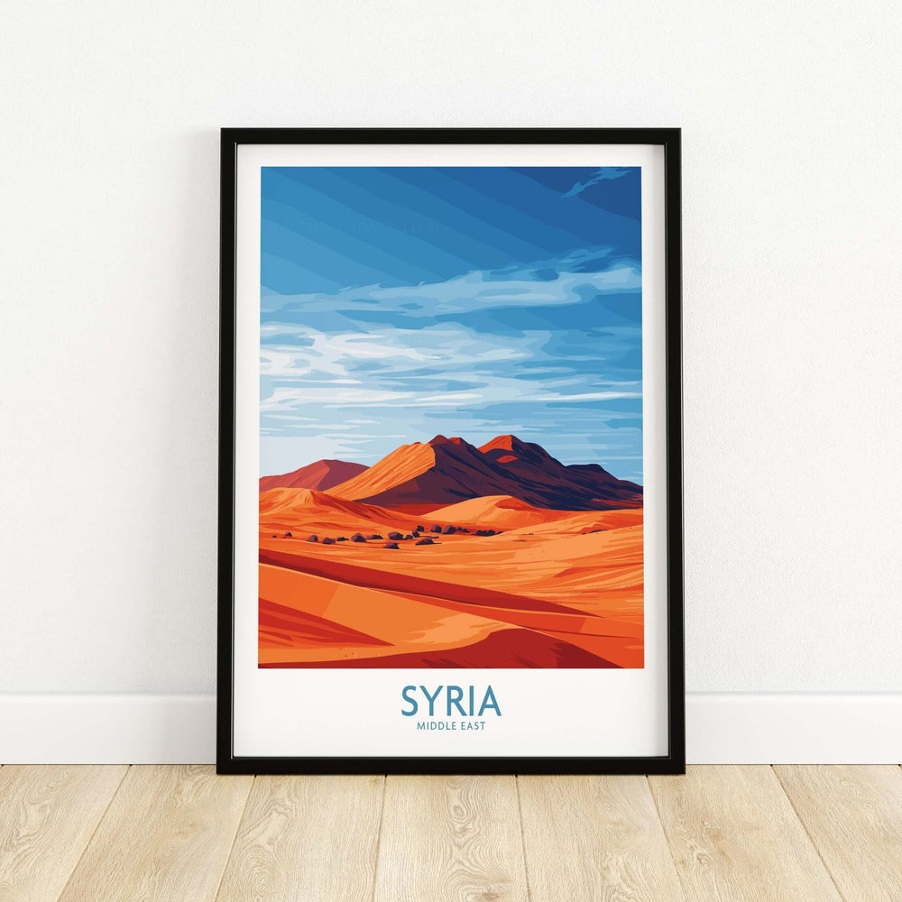 Syria desert landscape poster featuring abstract sand dunes and blue sky, perfect for travel-inspired decor.
