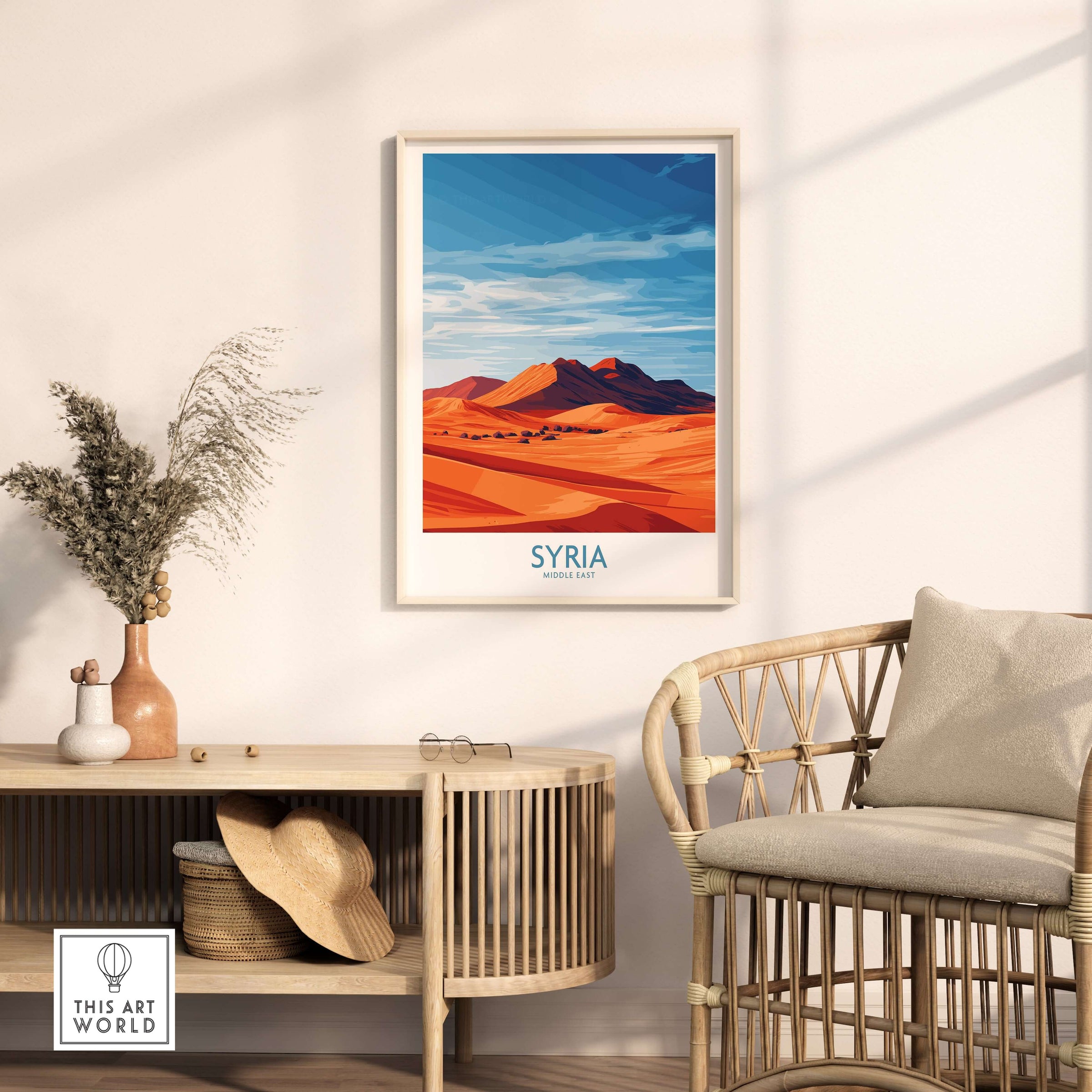 Syria Desert Landscape Poster - Middle East Travel Print - Abstract Sand Dune Wall Art displayed in modern interior.