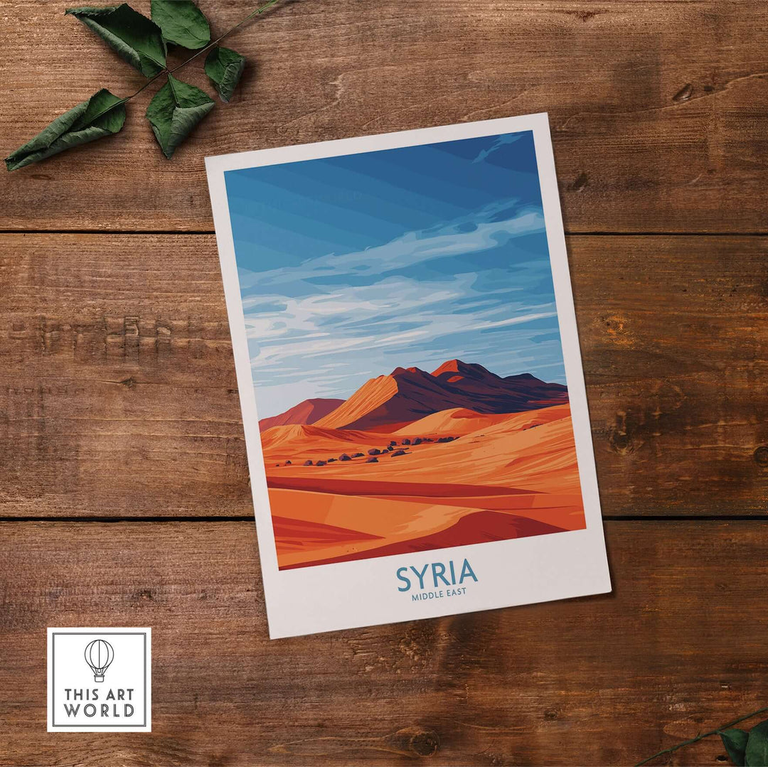 Syria desert landscape poster featuring abstract sand dunes and blue skies on wooden background.