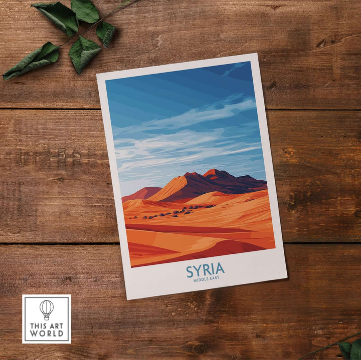 Syria desert landscape poster featuring abstract sand dunes and blue skies on wooden background.
